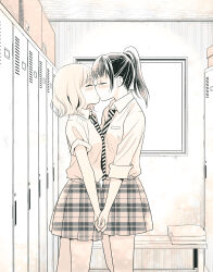  2girls absurdres blush changing_room closed_eyes collared_shirt commentary_request from_side highres holding_hands indoors interlocked_fingers kissing long_hair medium_hair multiple_girls necktie ooshima_tomo original plaid_clothes plaid_skirt pleated_skirt ponytail school_uniform shirt skirt sleeves_rolled_up striped_necktie towelket_wo_mou_ichido yuri 