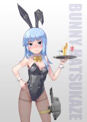  absurdres adapted_turret animal_ears black_leotard black_pantyhose blue_eyes blue_hair bow bowtie breasts cannon character_name covered_navel cowboy_shot cup detached_collar drink drinking_glass fake_animal_ears female grey_background hand_on_own_hip hatsukaze_(kancolle) highleg highleg_leotard highres kantai_collection leotard long_hair looking_at_viewer pantyhose playboy_bunny rabbit_ears simple_background small_breasts solo strapless strapless_leotard thighband_pantyhose tray turret wrist_cuffs yellow_bow yellow_bowtie yuushou 