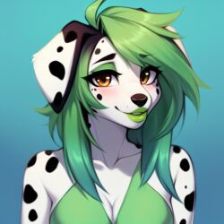  1girls ai_generated anthro anthrofied brown_eyes dalmatian female frosting.ai green_eyeliner green_hair green_lipstick hyper_breasts niko1998 skye_the_dalmatian_(oc) 