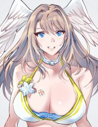  alternate_costume blue_eyes breast_tattoo breasts brown_hair cleavage eunie_(xenoblade) female head_wings highres hood large_breasts long_hair looking_at_viewer official_alternate_costume simple_background smile solo swimsuit tattoo ug333333 white_wings wings xenoblade_chronicles_(series) xenoblade_chronicles_3 