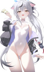  alternate_costume alternate_hairstyle animal_ears bare_shoulders black_hair black_jacket blue_archive blue_halo blush breasts commentary_request covered_navel cowboy_shot female grey_hair halo hand_up highleg highleg_leotard highres holding holding_money infinity_(kkx132) jacket kokona_(blue_archive) leotard lion_ears lion_girl long_hair looking_at_viewer money multicolored_hair nontraditional_playboy_bunny off_shoulder open_mouth orange_eyes playboy_bunny ponytail simple_background small_breasts smile smug solo streaked_hair striped_clothes striped_jacket thighs v-shaped_eyebrows vertical-striped_clothes vertical-striped_jacket white_background white_leotard 