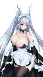  absurdres alternate_costume apron azur_lane bare_shoulders black_bow black_bowtie black_thighhighs bow bowtie breasts cleavage closed_mouth clothes_lift collar collarbone detached_collar dragon_girl dragon_horns dress dress_lift enmaided female frilled_dress frills gloves hailan_7 hair_flowing_over hair_on_horn highres horns huge_breasts long_hair looking_at_viewer maid maid_headdress official_alternate_costume red_eyes shimanto_(azur_lane) shimanto_(the_comfy_dragon_god)_(azur_lane) simple_background smile solo thighhighs very_long_hair waist_apron white_apron white_background white_collar white_gloves white_hair 