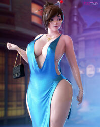  3d bag bangle bare_legs blue_dress bracelet breasts brown_eyes cleavage cocktail_dress covered_nipples dress earrings female formal fugtrup glasses hair_ornament hair_stick handbag highres hoop_earrings huge_breasts jewelry lips long_dress mei_(overwatch) necklace no_bra no_panties overwatch overwatch_1 pelvic_curtain plunging_neckline revealing_clothes side_slit sideboob solo standing swept_bangs thick_thighs thighs yellow-framed_eyewear 