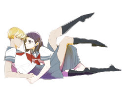  2girls all_fours between_legs black_eyes black_hair black_thighhighs blonde_hair blue_sailor_collar blue_skirt bright_pupils commentary eye_contact face-to-face highres holding_hands ikemen_kasshoku_joshi_ga_chou_choroi_yuri kaho_(ikemen_kasshoku_joshi_ga_chou_choroi_yuri) legs_up looking_at_another lying medium_hair multiple_girls nagisa_(ikemen_kasshoku_joshi_ga_chou_choroi_yuri) nakaba_hiroshi neckerchief on_back original parted_hair pixie_cut pleated_skirt red_neckerchief sailor_collar sailor_shirt school_uniform serafuku shirt short_hair short_sleeves simple_background skirt smile summer_uniform tan thighhighs undercut very_short_hair white_background white_pupils white_shirt yuri 