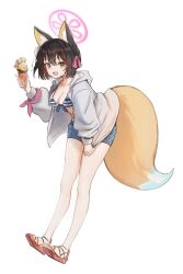  animal_ear_fluff animal_ears bikini blue_archive brown_hair denim denim_shorts eyeshadow fefee female food fox_ears fox_girl fox_tail full_body hair_ornament halo holding holding_food holding_ice_cream hood hoodie ice_cream izuna_(blue_archive) izuna_(swimsuit)_(blue_archive) looking_at_viewer makeup oerba_yun_fang official_alternate_costume open_clothes open_hoodie pink_eyeshadow pink_halo pom_pom_(clothes) pom_pom_hair_ornament shorts skin_fang smile solo standing striped_bikini striped_clothes swimsuit tail white_background 