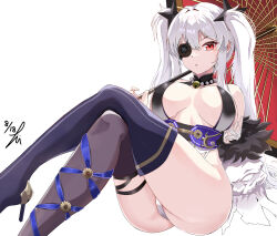  :o absurdres artist_name ass bare_shoulders bell boots breasts cameltoe cleavage crossed_legs dated detached_sleeves eyepatch female groin groin_tendon hair_between_eyes high_heel_boots high_heels highres japanese_clothes jewelry jingle_bell large_breasts leg_ribbon long_hair looking_at_viewer mismatched_thighhighs neck_bell necklace obi obijime official_alternate_costume oil-paper_umbrella pearl_necklace red_eyes revealing_clothes ribbon sash senran_kagura senran_kagura_new_link senran_kagura_shoujo-tachi_no_shin&#039;ei shuriken shuriken_hair_ornament sidelocks signature simple_background sitting solo takumi_munato thighs twintails umbrella weapon white_background white_hair yagyu_(senran_kagura) 