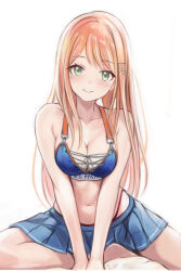  bikini bikini_top_only blue_skirt blush breasts cleavage collarbone commentary_request cross-laced_bikini cross-laced_clothes female gakuen_idolmaster green_eyes highleg highleg_bikini idolmaster kimi_to_semi_blue_(idolmaster) long_hair looking_at_viewer medium_breasts miniskirt mole mole_under_eye nannacy7 navel orange_hair pleated_skirt shiun_sumika simple_background sitting skirt smile solo stomach straight_hair swimsuit very_long_hair white_background 