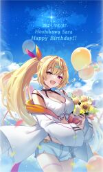  balloon birthday black_choker blonde_hair blue_shorts blue_sky bouquet breasts choker cleavage confetti crop_top dated english_text female front-tie_top hair_ornament hair_ribbon happy_birthday heterochromia highleg highleg_panties highres holding holding_bouquet hoshikawa_sara hoshikawa_sara_(1st_costume) jacket large_breasts long_hair long_sleeves looking_at_viewer midriff nijisanji off_shoulder open_mouth panties panty_straps red_eyes reityana ribbon shirt short_shorts shorts side_ponytail sky smile solo star_(sky) tank_top thigh_strap tied_shirt underwear very_long_hair virtual_youtuber white_jacket white_tank_top x_hair_ornament yellow_eyes 