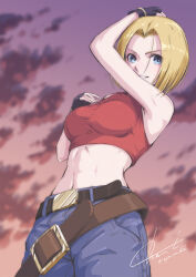  absurdres belt belt_buckle black_gloves blonde_hair blue_eyes blue_mary blue_pants blurry blurry_background breasts buckle cloud cowboy_shot crop_top dust fatal_fury female fingerless_gloves gloves gradient_sky hand_on_own_head highres linea_alba looking_at_viewer loose_belt medium_breasts midriff muscular muscular_female navel pants parted_lips red_tank_top short_hair signature sky snk solo tank_top the_king_of_fighters twitter_username tyanoki 