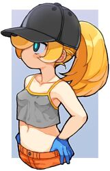  bachera baseball_cap black_hat blonde_hair blue_background blue_gloves blue_pupils border breasts camisole collarbone commentary crop_top cropped_legs female gloves grey_camisole hair_over_one_eye hands_on_own_hips hat navel orange_pants original outside_border pants ponytail small_breasts solo spaghetti_strap symbol-only_commentary white_border 