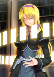  absurdres blonde_hair bookshelf breasts carim_gracia closed_eyes closed_mouth female highres indoors large_breasts lyrical_nanoha mahou_shoujo_lyrical_nanoha_strikers mikazuki_akira! non-web_source ribbon solo standing weiss_schwarz 