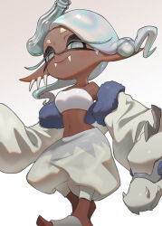  asymmetrical_hair bare_shoulders breasts closed_mouth colored_eyelashes dark-skinned_female dark_skin earrings fangs feet_out_of_frame female frye_(splatoon) fur-trimmed_jacket fur_trim glass_bottle grey_eyes grey_footwear grey_hair hair_ornament harem_pants highres holographic_hair inkling jacket jewelry long_eyelashes long_hair long_pointy_ears midriff multiple_earrings navel object_on_head open_clothes open_jacket pants pointy_ears prototype_design puchiman short_eyebrows simple_background sleeves_past_fingers sleeves_past_wrists solo splatoon_(series) splatoon_3 standing star-shaped_pupils star_(symbol) strapless symbol-shaped_pupils tentacle_hair toeless_footwear tooth_earrings tube_top white_background white_jacket white_pants white_tube_top x_hair_ornament 