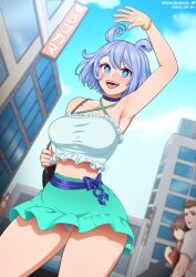  1boy 2girls alternate_costume blue_eyes blue_hair boku_no_hero_academia breasts casual english_commentary hadou_nejire jealous looking_at_another looking_at_viewer looking_back multiple_girls neocoill official_alternate_hair_length official_alternate_hairstyle open_mouth panties smile solo_focus teeth tongue underwear upper_teeth_only upskirt waving white_panties 