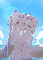  2girls absurdres ahoge animal_ear_fluff animal_ears bare_shoulders bikini blonde_hair blue_eyes blue_hair blue_hairband blue_sky blush closed_mouth collarbone commentary_request cross_hair_ornament crossed_bangs dog_ears dog_girl dog_tail extra_ears frilled_bikini frills fuwawa_abyssgard hair_intakes hair_ornament hairband hairclip hands_on_another&#039;s_cheeks hands_on_another&#039;s_face highres hololive hololive_english kushinobu lens_flare long_hair mococo_abyssgard multicolored_hair multiple_girls ocean oerba_yun_fang open_mouth outdoors pink_eyes pink_hair pink_hairband short_hair siblings sisters skin_fang sky spiked_hairband spikes streaked_hair swimsuit tail twins two_side_up upper_body virtual_youtuber white_bikini 