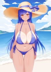  absurdres arms_at_sides bare_arms bare_shoulders beach bikini blue_bikini blue_bow blue_hair blue_sky bow breasts cameltoe cleavage closed_mouth cloud collarbone cowboy_shot darkswan female groin halterneck hat hat_bow hat_ribbon highres huge_breasts large_hat light_blush long_hair looking_at_viewer navel ocean original outdoors red_eyes ribbon side-tie_bikini_bottom sky smile solo standing straight-on straight_hair straw_hat string_bikini swept_bangs swimsuit thigh_gap very_long_hair water 