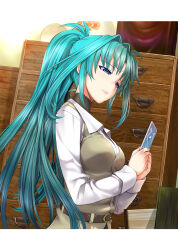  absurdres blue_eyes card durandal_(nanoha) female green_hair highres holding holding_card indoors lindy_harlaown long_hair lyrical_nanoha mahou_shoujo_lyrical_nanoha mahou_shoujo_lyrical_nanoha_a&#039;s mahou_shoujo_lyrical_nanoha_the_movie_2nd_a&#039;s mikazuki_akira! non-web_source ponytail solo weiss_schwarz 