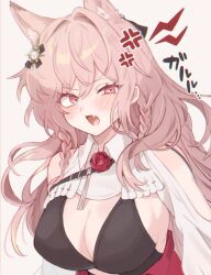  anger_vein animal_ears arknights arouni22 braid breasts cleavage commentary_request female flower grey_background growling hair_between_eyes hair_intakes large_breasts long_hair oerba_yun_fang open_mouth pink_eyes pink_hair pozyomka_(arknights) red_flower red_rose rose simple_background sound_effects twin_braids uneven_eyes upper_body wolf_ears 