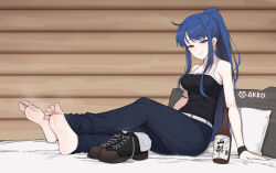  absurdres artist_name bare_shoulders barefoot bed belt black_camisole black_wristband blue_eyes blue_hair blue_pants bottle camisole chinese_commentary closed_mouth commentary_request feet female full_body grisaia_(series) grisaia_no_kajitsu highres indoors kusakabe_asako lan_mao_akko long_hair looking_at_viewer on_bed pants pillow ponytail sake_bottle shoes sidelocks smell smile soles solo toes unworn_shoes unworn_socks white_belt wooden_wall 