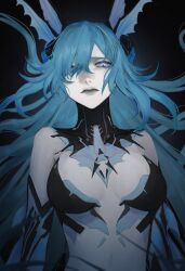  adhesive_bra aqua_hair black_background black_bra black_collar blue_hair blue_lips bra collar detached_collar female fins gi_ra1 hair_between_eyes hair_over_one_eye halo head_fins highres lamia_(punishing:_gray_raven) long_hair looking_at_viewer mechanical_halo punishing:_gray_raven purple_eyes shell_hair_ornament sidelocks solo underwear 