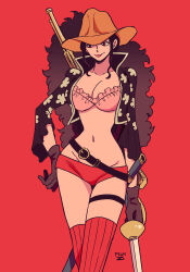  :p bikini black_gloves black_hair commentary_request cowboy_shot cropped_jacket female gloves hand_on_own_hip hat hatch_(8cco) holding holding_sword holding_weapon looking_to_the_side nico_robin one_piece one_piece_film:_z orange_hat pink_bikini red_background red_shorts red_thighhighs short_shorts shorts sidelocks simple_background smile striped_clothes striped_thighhighs swimsuit sword thigh_strap thighhighs tongue tongue_out vertical-striped_clothes vertical-striped_thighhighs weapon 