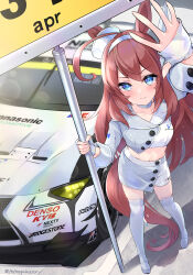  absurdres ahoge animal_ears blue_eyes blush boots brown_hair car crop_top female fingerless_gloves gloves grey_gloves grey_hairband hair_between_eyes hairband highres horse_ears horse_girl horse_tail lexus lexus_lc long_hair looking_at_viewer midriff mihono_bourbon_(umamusume) motor_vehicle navel official_alternate_costume peteron race_queen race_vehicle racecar skirt solo super_gt tail thigh_boots twitter_username umamusume vehicle_focus 