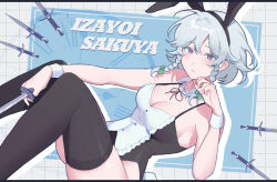  alternate_costume animal_ears arm_between_legs bare_shoulders black_leotard black_ribbon black_thighhighs blue_eyes braid breasts cleavage closed_mouth commentary_request fake_animal_ears fake_tail feet_out_of_frame female grey_hair hand_up highres holding holding_knife izayoi_sakuya knees_up knife leotard long_hair looking_at_viewer playboy_bunny rabbit_ears rabbit_tail ribbon sarukana solo tail thighhighs touhou twin_braids two-tone_leotard white_leotard wrist_cuffs 