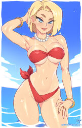  android_18 bare_shoulders bikini blonde_hair blue_eyes blue_sky blush breasts cleavage day dragon_ball dragon_ball_z earrings female freckles highres jewelry kajin_(kajinman) large_breasts looking_at_viewer navel ocean outdoors partially_submerged short_hair sky smile solo swimsuit water 