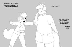  anthro bottomwear clothing daughter_(lore) denim denim_bottomwear denim_clothing dialogue domestic_cat duo father_(lore) father_and_child_(lore) father_and_daughter_(lore) felid feline felis female finger_on_chin fluffy fluffy_tail grey_background hair hi_res jacket jeans jessesmash32 khao_manee line_art male mammal meeting overweight pants parent_(lore) parent_and_child_(lore) parent_and_daughter_(lore) persian_cat reku_(akubon) shirt short_hair shorts simple_background spanish_text spread_arms tail tank_top text topwear translated 