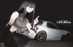  absurdres black_hair black_pants black_sleeves blue_eyes car character_name crop_top detached_sleeves english_text female hair_between_eyes highres holeecrab license_plate long_hair looking_at_viewer mazda mazda_rx-7 morisaki_sayaka motor_vehicle navel night night_sky original outdoors pants shadow sky solo sports_car standing 