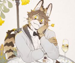  2024 5_fingers anthro cake clothed clothing container cup dessert drinking_glass felid feline fingers food fur glass glass_container glass_cup hair hi_res looking_at_viewer luxury_gin male mammal scooter_(luxury_gin) serval shirt sitting solo tan_body tan_fur topwear tuft wine_glass yellow_eyes 