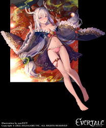  absurdres antlers artist_name ass_visible_through_thighs azu-taro barefoot breasts company_name copyright_name copyright_notice evertale feet_out_of_frame female flower_knot full_body hair_spread_out haku_(evertale) highres horns light_blush logo long_hair long_legs long_sleeves looking_at_viewer lying medium_breasts multicolored_hair navel nightgown no_pants official_art on_back open_mouth panties pink_panties purple_hair see-through solo streaked_hair teeth thigh_strap underwear upper_teeth_only very_long_hair white_hair wide_sleeves 