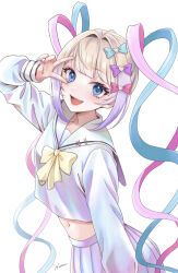  :d absurdres blonde_hair blue_bow blue_eyes blue_hair blue_serafuku blue_shirt blue_skirt bow chouzetsusaikawa_tenshi-chan commentary_request cowboy_shot female hairbow hand_up heart highres horu_mon long_hair long_sleeves looking_at_viewer midriff multicolored_hair multiple_hair_bows needy_girl_overdose open_mouth pink_bow pink_hair pleated_skirt purple_bow quad_tails sailor_collar school_uniform serafuku shirt simple_background skirt smile solo standing v v_over_eye white_background yellow_bow 