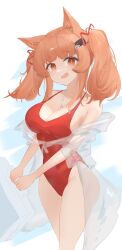  absurdres angelina_(arknights) angelina_(summer_flower)_(arknights) animal_ears arknights blush breasts brown_hair chinese_commentary cleavage collarbone commentary_request covered_navel female fox_ears fox_girl hair_ornament hair_ribbon hairclip highleg highleg_one-piece_swimsuit highres holding_case jewelry long_hair looking_at_viewer medium_breasts necklace official_alternate_costume one-piece_swimsuit open_mouth red_eyes red_one-piece_swimsuit red_ribbon ribbon sarea_(sarea2020) see-through simple_background solo spaghetti_strap standing swimsuit swimsuit_cover-up twintails 