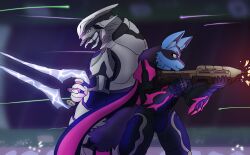  alien anthro armor back_to_back battle blue_body blue_eyes blue_fur canid canine cape cheek_tuft clothing duo energy_sword facial_tuft female fluffy fluffy_tail fur generation_4_pokemon gun halo_(series) hi_res j0lt ketzel99 lucario ma5_series male male/female mammal mandibles melee_weapon microsoft nintendo plasma_gun pokemon pokemon_(species) ranged_weapon rifle rtas_&#039;vadum sangheili spartan_(halo) sword tail tuft weapon xbox_game_studios 