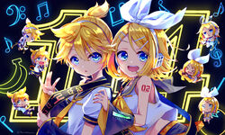  &gt;_&lt; 4boys 4girls :o :q anniversary arm_up arms_behind_back backlighting bare_shoulders bass_clef belt black_background black_sailor_collar black_sleeves blonde_hair blue_eyes blush_stickers bow bow_hairband chibi closed_eyes closed_mouth collared_shirt commentary detached_sleeves dot_mouth floating grey_sailor_collar grey_sleeves hairband hairbow hands_on_another&#039;s_shoulders harusamesyota headphones high_collar highres jitome kagamine_len kagamine_len_(append) kagamine_len_(vocaloid4) kagamine_rin kagamine_rin_(append) kagamine_rin_(vocaloid4) looking_at_viewer mini_person miniboy minigirl multiple_boys multiple_girls musical_note musical_note_print neckerchief necktie neon_lights open_mouth sailor_collar school_uniform see-through_bow shirt short_hair short_sleeves shoulder_tattoo sleeveless sleeveless_shirt spiked_hair tattoo tongue tongue_out treble_clef upper_body v4x vocaloid vocaloid_append white_bow white_shirt yellow_neckerchief yellow_necktie 