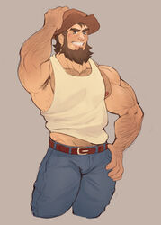  1boy armpit_hair bara beard blush cowboy_hat cropped_legs denim dinosaur_king facial_hair fallameesto full_beard grin hairy hat highres huge_eyebrows jeans large_pectorals long_beard looking_at_viewer male_focus mature_male midriff_peek muscular muscular_male navel_hair_peek nipple_slip nipples pants pectoral_cleavage pectorals short_hair sidepec smile solo spike_taylor standing thick_arm_hair thick_beard thick_chest_hair thick_navel_hair thick_thighs thighs tsurime veiny_crotch very_hairy 