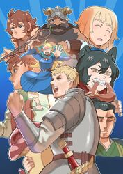  4boys 4girls absurdres animal_ears beard black_hair blonde_hair cat_ears cat_girl chilchuck_tims closed_eyes dungeon_meshi dwarf earrings elf facial_hair fake_horns falin_touden falin_touden_(tallman) fangs fighting_stance food helmet highres horned_helmet horns izutsumi jewelry k_katora laios_touden long_beard mage_staff marcille_donato meat moustache multiple_boys multiple_girls mushroom namari_(dungeon_meshi) parody pointy_ears red_hair senshi_(dungeon_meshi) shurou staff street_fighter street_fighter_ii_(series) sword very_long_beard walking_mushroom_(dungeon_meshi) weapon 