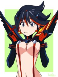  black_hair blue_eyes breasts cleavage closed_mouth commentary_request cropped_torso dot_nose embarrassed female gloves green_background grey_eyes hair_between_eyes hide12862152 highres kill_la_kill large_breasts looking_at_viewer matoi_ryuuko medium_hair multicolored_hair navel red_hair senketsu simple_background solo streaked_hair upper_body white_background 