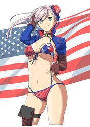  absurdres american_flag american_flag_print bikini blue_eyes breasts brown_gloves cleavage closed_mouth commentary_request cropped_legs fate/grand_order fate_(series) female fingerless_gloves flag_print gloves grey_hair hand_in_own_hair hide12862152 highres large_breasts long_hair looking_at_viewer miyamoto_musashi_(fate) miyamoto_musashi_(swimsuit_berserker)_(fate) miyamoto_musashi_(swimsuit_berserker)_(second_ascension)_(fate) navel pouch smile solo swimsuit thigh_pouch thigh_strap 