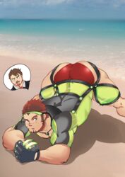  2boys absurdres akashi_(live_a_hero) akashi_(water_bullet)_(live_a_hero) arched_back arm_rest aroused_nosebleed ass bara baseball_mitt beach bodysuit facial_hair feet_out_of_frame goatee green_bodysuit hands_on_ground highres jack-o&#039;_challenge large_pectorals legs_apart live_a_hero long_sideburns looking_at_viewer male_focus male_protagonist_(live_a_hero) male_swimwear mecata multiple_boys muscular muscular_male o_o official_alternate_costume pectorals photo_background red_eyes red_hair red_male_swimwear scar scar_on_face scar_on_nose short_hair sideburns solo_focus stretching swim_briefs thick_eyebrows top-down_bottom-up yaoi 