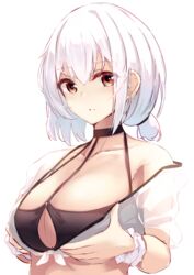  azur_lane bikini black_bikini black_choker breast_lift breasts choker cleavage cucchiore female highres large_breasts looking_at_viewer o-ring o-ring_top official_alternate_costume red_eyes scrunchie see-through simple_background sirius_(azur_lane) sirius_(scorching-hot_seirios)_(azur_lane) solo swimsuit upper_body white_background white_hair white_scrunchie wrist_scrunchie 