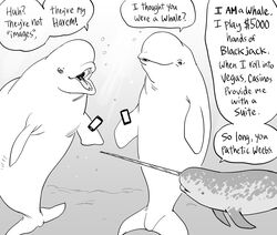  3boys absurdres animal bb_(baalbuddy) cellphone english_commentary english_text greyscale highres horns monochrome multiple_boys narwhal ocean open_mouth original phone phone_screen simple_background single_horn smartphone speech_bubble talking_animal underwater whale white_background 