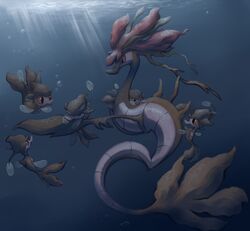  ^_^ closed_eyes creature dark day dragalge family full_body gen_6_pokemon karrybird looking_at_another no_humans pokemon pokemon_(creature) skrelp sunlight swimming underwater water 