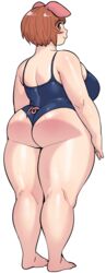  animal_ears ass bare_back bare_shoulders barefoot blue_one-piece_swimsuit brown_hair closed_mouth elf-san_wa_yaserarenai. female from_behind from_side full_body highres kneepits legs_together looking_at_viewer looking_back oku_(elf-san_wa_yaserarenai) one-piece_swimsuit pig_ears pig_tail red_eyes short_hair simple_background smile solo standing swimsuit synecdoche tail thick_thighs thighs white_background 