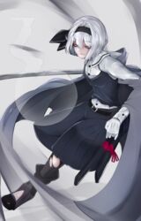  alternate_costume amekudaki bad_id bad_pixiv_id belt black_bow black_hairband black_pantyhose black_vest blunt_bangs bob_cut bow cape collared_shirt female ghost gloves grey_eyes hairband highres hitodama katana konpaku_youmu konpaku_youmu_(ghost) long_skirt pantyhose pleated_skirt scabbard sheath shirt short_hair skirt solo sword torn_clothes torn_pantyhose touhou vest weapon white_gloves white_hair white_shirt 