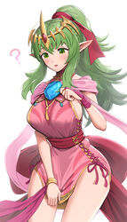  ? absurdres blush breasts confused dress dress_tug female fire_emblem fire_emblem_awakening fire_emblem_heroes gonzarez green_hair highres large_breasts long_hair official_alternate_costume pink_dress pointy_ears ponytail pulling short_dress sideboob simple_background solo tiara tiki_(adult)_(fated_divinity)_(fire_emblem) tiki_(adult)_(fire_emblem) tiki_(fire_emblem) white_background 