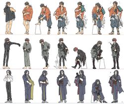  3boys ^_^ armor bandages belt black_gloves black_hair black_pants boots brown_hair closed_eyes collared_shirt dressing feline glasses gloves grin highres hizen_tadahiro japanese_armor japanese_clothes katana kimono knee_boots kote male_focus mouth_hold multicolored_hair multiple_boys mutsu-no-kami_yoshiyuki nankaitarou_chouson pants red_hair sandals sheath sheathed shirt shoulder_armor smile sode sunagoke sword touken_ranbu two-tone_hair weapon 