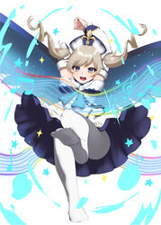  absurdres arms_up bao_(s_888) barbara_(genshin_impact) blue_eyes blush breasts detached_sleeves dress drill_hair feet female genshin_impact highres legs long_hair looking_at_viewer medium_breasts musical_note open_mouth pantyhose smile solo twin_drills twintails white_dress white_headwear white_pantyhose white_sleeves wind_glider wings 