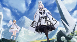  2girls ankle_boots azur_lane bad_id bad_pixiv_id bare_legs black_gloves black_legwear blonde_hair blue_sky boots breasts cloud cloudy_sky coat cross-laced_footwear day dress gloves grass gremyashchy_(azur_lane) highres knee_boots lace-up_boots large_breasts legs long_hair long_sleeves md5_mismatch mountain multiple_girls open_clothes open_coat outdoors resolution_mismatch scenery sky sleeves_past_wrists source_smaller sovetsky_soyuz_(azur_lane) strap white_coat white_dress white_footwear white_hair white_headwear yu_(want_rou_nai_zi) 