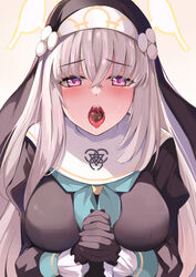  absurdres black_gloves blue_archive blush breasts chocolate commentary female food_in_mouth gloves grey_hair habit halo highres konka long_hair looking_at_viewer nun open_mouth purple_eyes sakurako_(blue_archive) saliva solo sweatdrop teeth tongue veil 